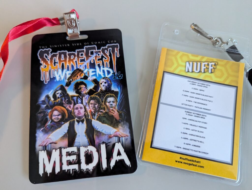 ScareFest Weekend and Noog Film Fest badges.